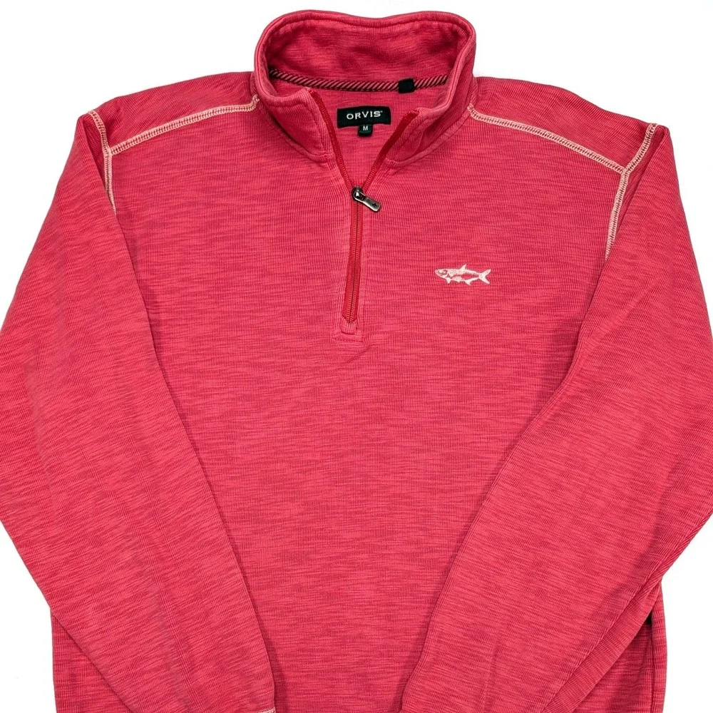 ORVIS Trout Bum Mens Quarter Zip Pullover Sweater M Embroidered Cotton Blend Red